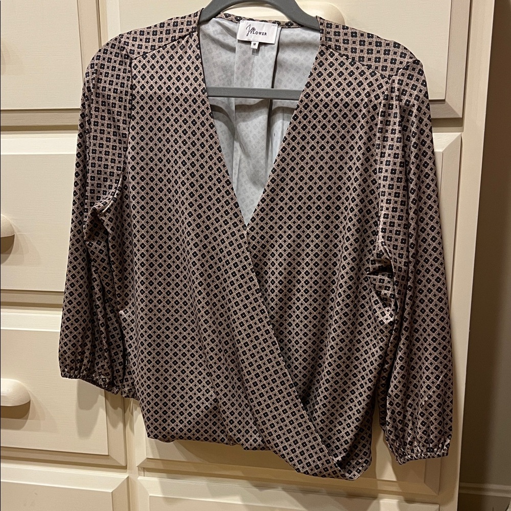 Patterned Wrap Blouse - Black and Brown